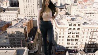 Busty gIantess walks and steps on car