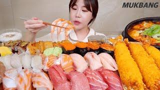 SUB) 뱃살가득 모듬초밥 블랙타이거새우 튀김 얼큰한 유부주머니탕 먹방 Salmon Tuna Sushi Blacktiger Shrimp REAL SOUND ASMR MUKBANG