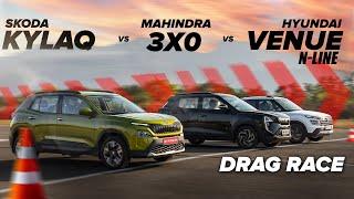 Skoda Kylaq vs Mahindra 3XO vs Hyundai Venue N Line — EPIC TRIPLE DRAG RACE! | PowerDrift