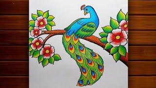 Peacock Scenery Drawing || How to Draw Peacock for Beginners || Peacock Drawing ||Creativity Studio.