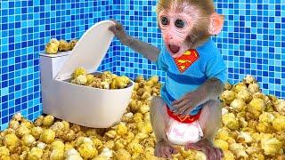 Monkey Baby Bon Bon eat Rainbow Jelly Ice Cream with ducklings and encounter a popcorn rain