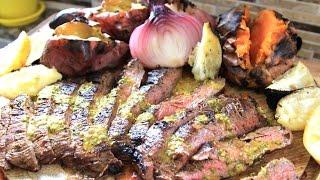 Awesome Grilled Flank Steak - with Gaucho Sweet Potatoes and Rustic, Charred Caesar Salad