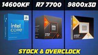 Test 14600kf vs Ryzen 7700 vs 9800x3d in games . Stock and Overclock