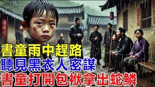 民間故事：書童雨中趕路，聽見黑衣人密謀，書童打開包袱拿出蛇鱗