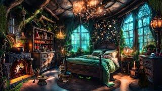 COZY WITCH COTTAGE-ENCHANTED BEDROOM-BUBBLING CAULDRON-CRACKLING FIRE-BLACK CAT-MAGIC AMBIENCE