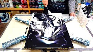 Come watch me blow this one out! Black, White and shimmering interference colors! Acrylic Painting