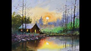 Watercolour Painting Tutorial : Sunset Cabin by the Lake