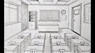 How to draw a classroom in one point perspective, timelapse