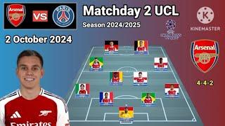 Arsenal vs PSG ~ Arsenal 4-4-2 Formations With Calafiori Matchday 2 League Phase UCL 2024/2025