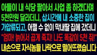(실화사연)아들이 사업 좀 하겠다며 5천 만원 달라더니, 삽시간에 내 집이 가압류 되고, 막내딸 집에 갔더니"엄마! 나도 똑같이 5천 줘!!" 자식놈들 나락으로 떨어졌습니다