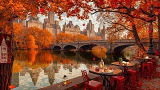  Central Park Autumn Vibes  Outdoor Coffee Shop Ambience and Smooth Piano Jazz for a Upbeat Mood