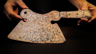 Restoration of a rusty, bent antique cleaver. The blade cuts the meat again.