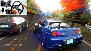 Drifting R34 GT-R at Mt.Akina w/Traffic - Assetto Corsa | Steering Wheel Gameplay