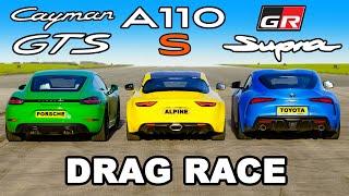 GR Supra v Porsche Cayman GTS v Alpine A110 S: DRAG RACE