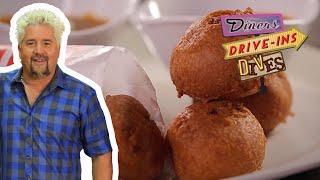 Guy Devours Bobby the Butcher’s Chili Cheese Corn Holes | Diners, Drive-Ins and Dives | Food Network