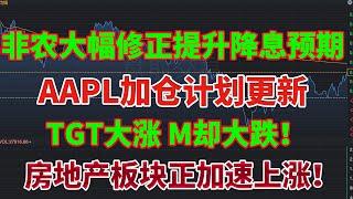 美股 AAPL苹果加仓计划更新！非农大幅修正提升降息预期！TGT大涨 M却大跌！房地产板块加速上涨！#iwm #tgt #tol #aapl