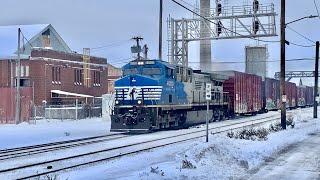 Snow Trains!  Caboose On Train With Wheels Smoking, Trains Passing In Opposite Directions: CSX NS