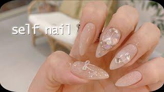 Self nail | 레이스리본 네일리스트의 셀프네일 (포인티드쉐입, 세로그라데이션, 뿌리는글리터네일) sub