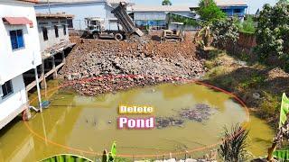 Amazing !! Pour Soil to Clear the pond Near The House Process By Bulldozer & 5 TON Trucks Loading