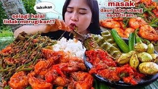 EAT SPICY SHRIMP, PUMPKIN LEAVES WITH OYSTER SAUCE, RAW LAPAN, YOUNG JENGKOL, PETE, EGGPLANT SAMBEL