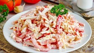 Сочный, красочный и очень вкусный! САЛАТ С КРАБОВЫМИ ПАЛОЧКАМИ, ПЕРЦЕМ И ПОМИДОРАМИ