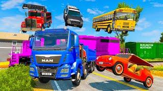 Double Flatbed Trailer Truck vs Speedbumps - Long Slide Game with Big & Small Truck - BeamNG Drive