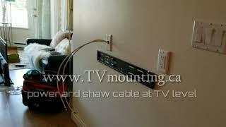 #1 package , TV mounting no wires Showing, power and shaw cable outlets brought to TV level