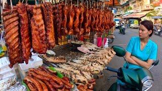 Very Popular Cambodian Street Food - Tasty Grilled Duck, Pork Rips Fish, Pigs intestine & More