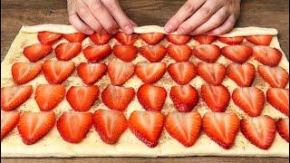 Ein leichtes Dessert zum Tee aus Blätterteig und Erdbeeren! Jetzt Rezept ohne Zucker speichern!