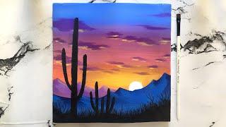 Cactus in Sunset Painting for beginners | Acrylic Painting Desert | Canvas Painting