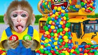 Monkey BuBu Drive Magic School Bus Full of Rainbow Candy M&M to Buy Car Toys - MONO BUBU ESP