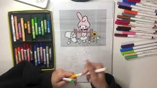 Hello everyone, today I will color a picture of a pink rabbit talking to a bird.