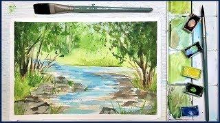 Easy Beginner Landscape in Watercolor: Summer Stream