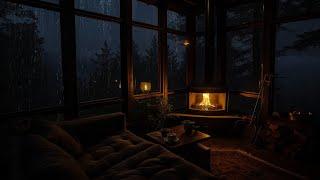 Cozy Room Ambience on Rain day with Rain drop on window and Cozy Fireplace to Sleep well