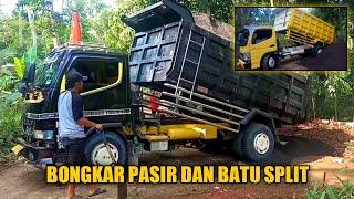 Dump Truk Bongkar Pasir dan Batu Split di Jalan Sempit