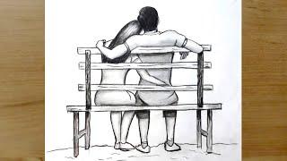 Drawing of Lovers Sitting on a Bench | Hugging Lover Drawings | Pencil Drawings