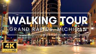 Walking Downtown Grand Rapids Michigan at Night, Traditional Jazz Music and Cityscapes | 4K