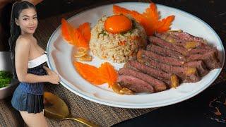 Garlic Butter Fried Rice with Steak and Pickled Egg Yolk Recipe