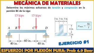 CÁLCULO DE ESFUERZOS POR FLEXIÓN PURA  Problema 4.9 BEER and JOHNSTON 8va Edición