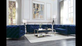 Zenon Navy Blue Velvet Sofa Button Tufted