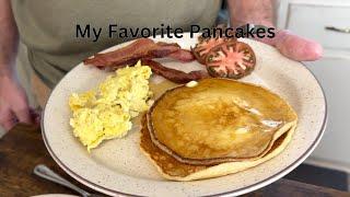 Delicious Pancakes, Bacon, Scrambled Eggs, & Cherokee Purple Tomatoes for Breakfast