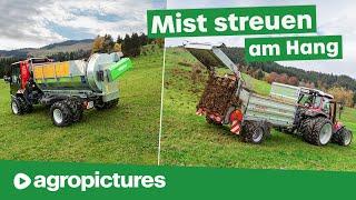 Mist streuen am Hang | Lindner Lintrac mit Gruber Miststreuer | Unitrac 122 mit Stöckl Seitenstreuer