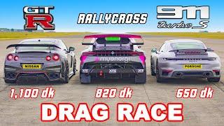 GT-R 1.100 dk v 911 Turbo S v Rallycross: DRAG RACE