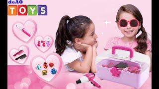 deAO 34 Pcs Kid Hairdressing and Glamour Vanity Carry Case Play Set with Pretend Makeup Accs-STS-V