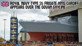 Royal Navy Type 26 frigate HMS Cardiff appears over the Govan skyline