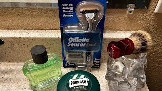 Gillette’s New Sensor Excel Razor, Shavemac Brush, & Proraso Green.