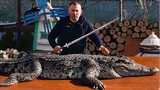 CROCODILE MEAT on a CHARCOAL GRILL, GRILLED CROCODILE MEAT. ENG SUB