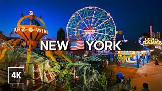 USA  Coney Island Amusement Park  New York Night Walk - Virtual Walking Tour 4K