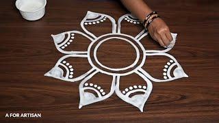 Big Round Flower Rangoli Designs for Laxmi Puja| Step by Step Special Alpona Designs for FESTIVAL 