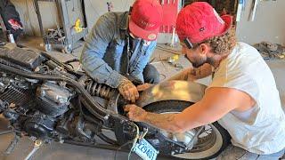 Day 2 of the bike build... Colton's OVERWHELMED... custom fender, ape hangers, body work and more 